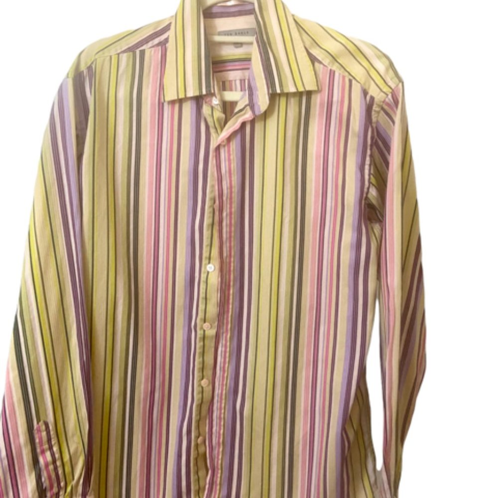 Ted Baker London Pink & Green & Purple Stripes Button Down Dress Shirt - Neck 16